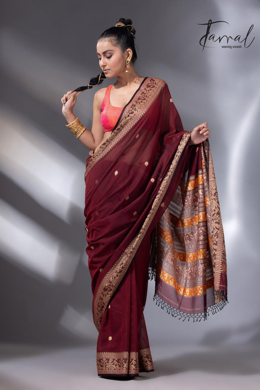 Maroon Colour baluchari Handwoven Jamdani saree - Tamal Boutique