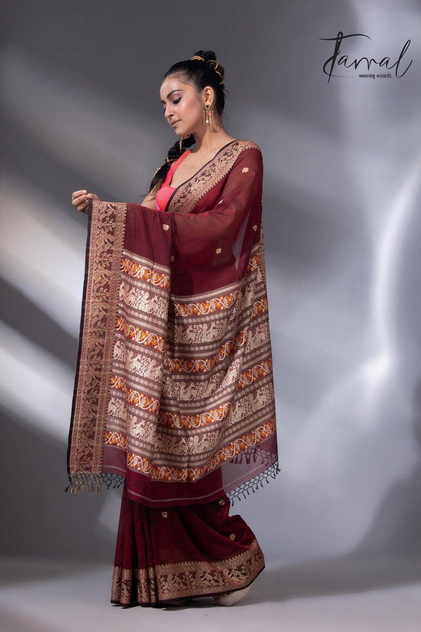Maroon Colour baluchari Handwoven Jamdani saree - Tamal Boutique