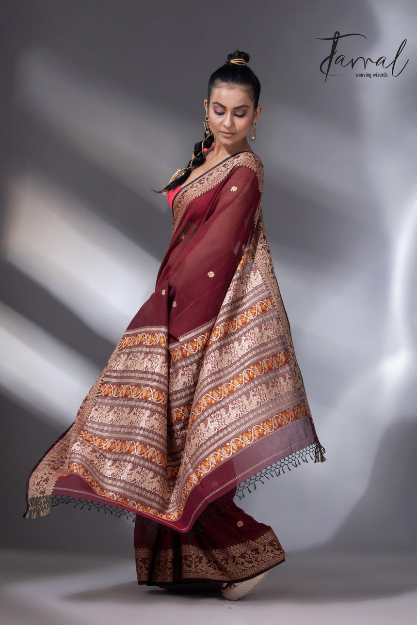 Maroon Colour baluchari Handwoven Jamdani saree - Tamal Boutique