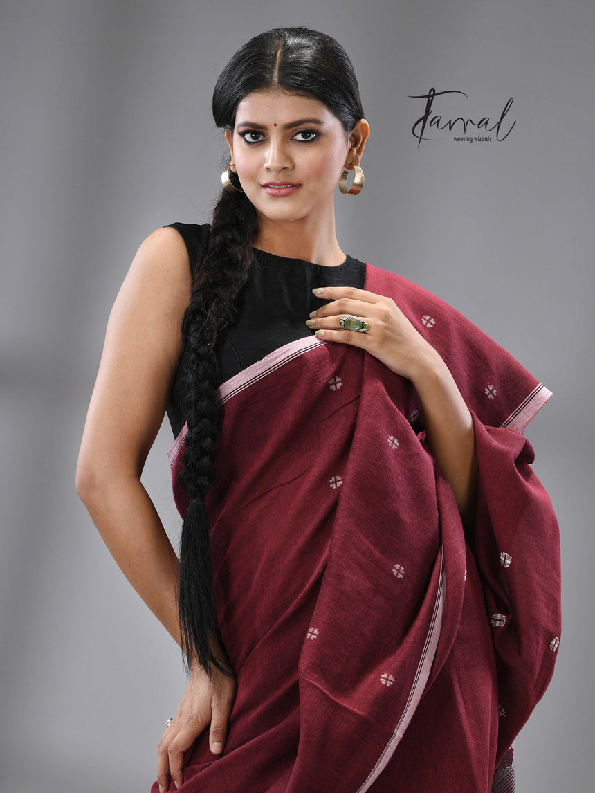 Maroon with white border pure cotton handwoven jamdani sarees