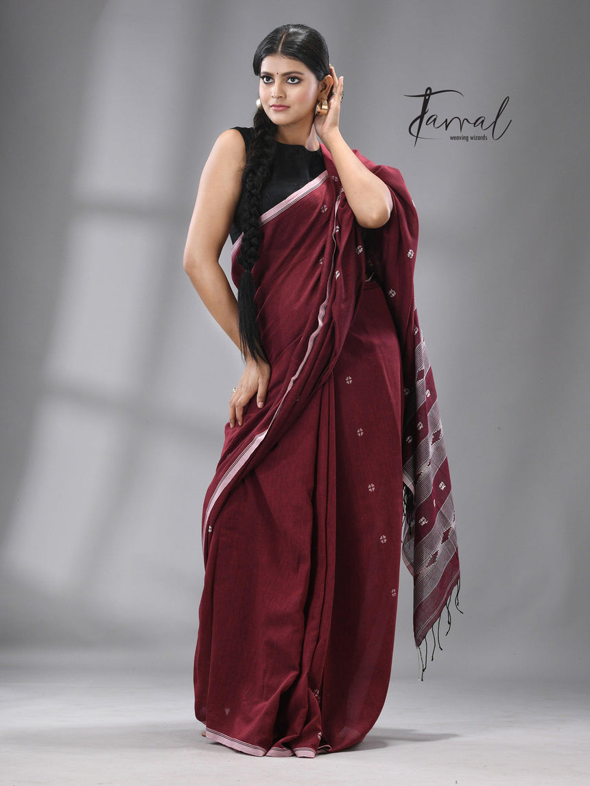 Maroon with white border pure cotton handwoven jamdani sarees