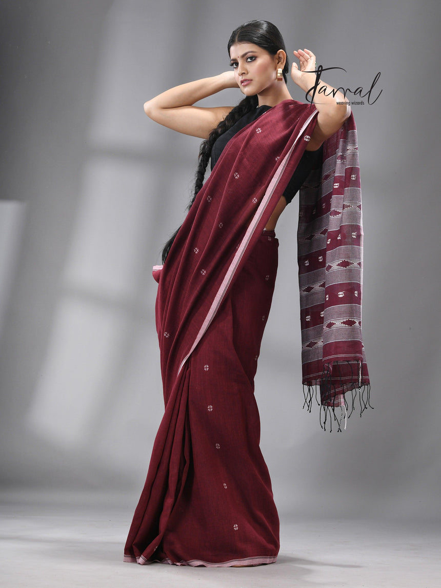 Maroon with white border cotton handwoven jamdani saree - Tamal Boutique