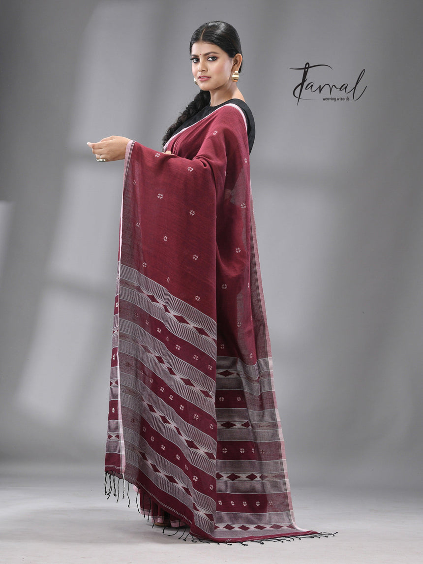 Maroon with white border pure cotton handwoven jamdani sarees