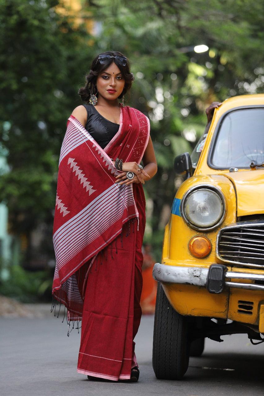 Maroon with white colour pure cotton handwoven jamdani saree