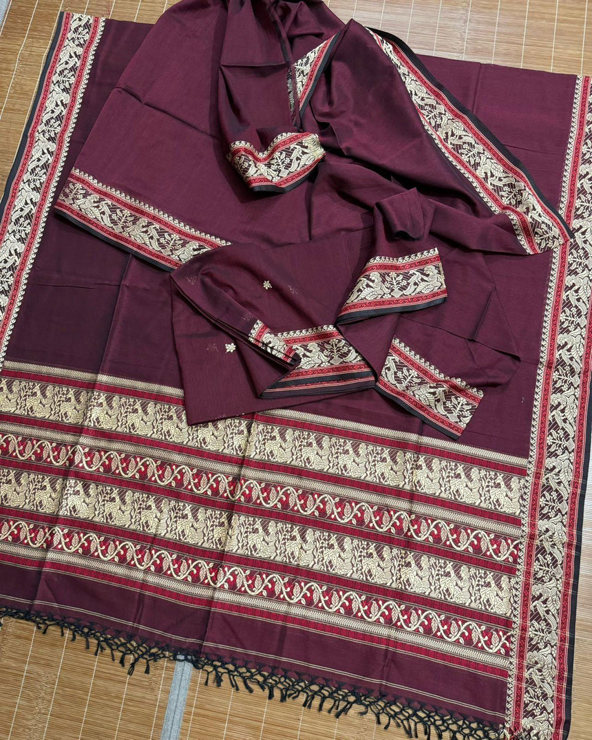 Maroon cotton baluchari kurti with dupatta & pant set - Tamal Boutique
