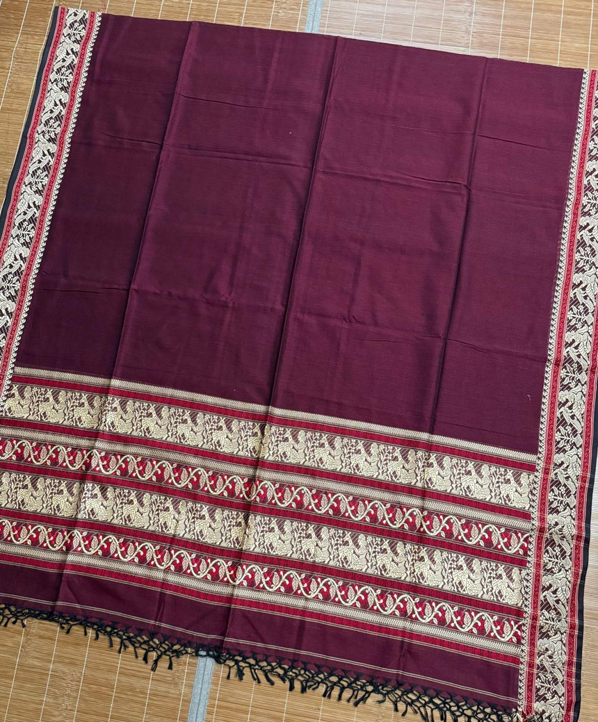 Maroon cotton baluchari kurti with dupatta & pant set - Tamal Boutique