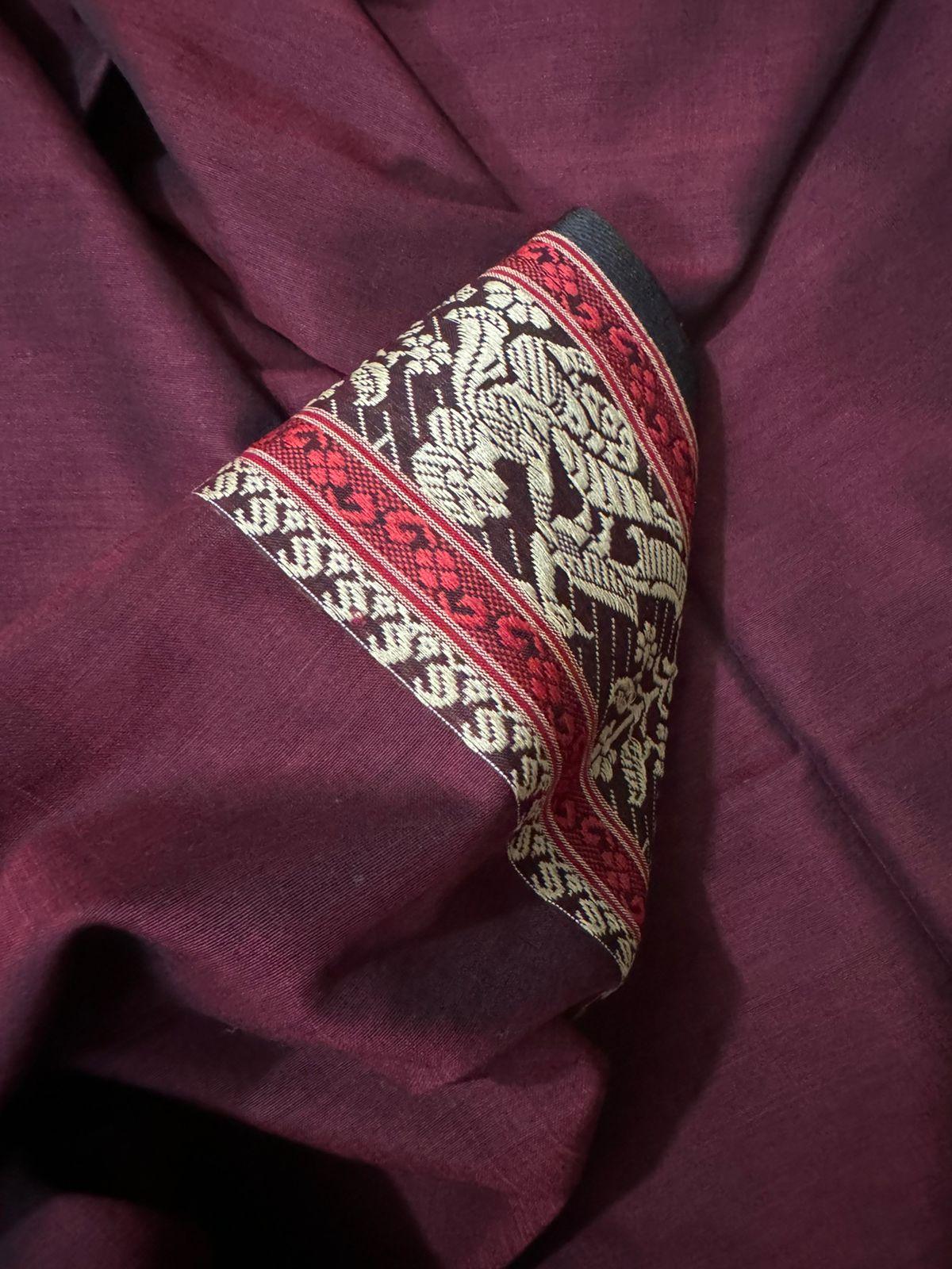 Maroon cotton baluchari kurti with dupatta & pant set - Tamal Boutique