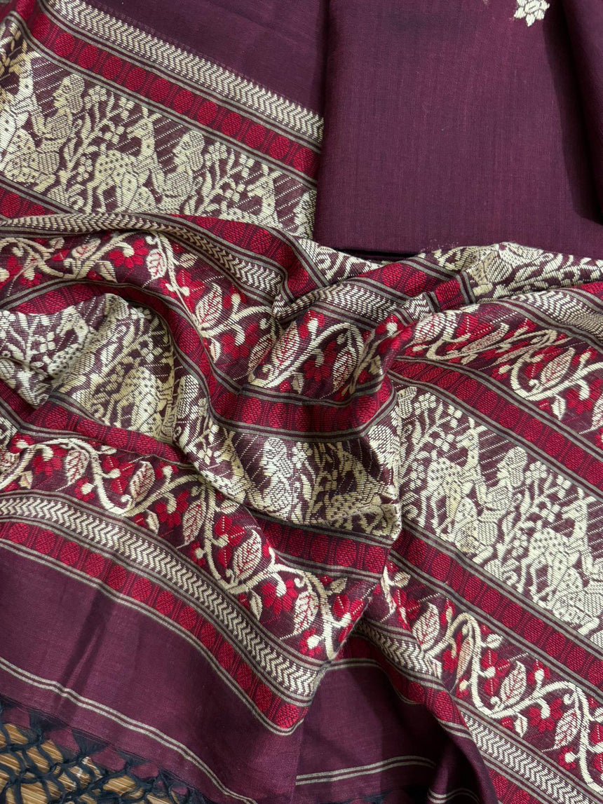 Maroon cotton baluchari kurti with dupatta & pant set - Tamal Boutique