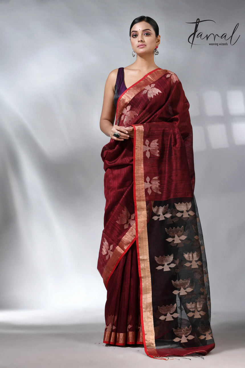 Marron with border lotus matka silk handwoven jamdani saree
