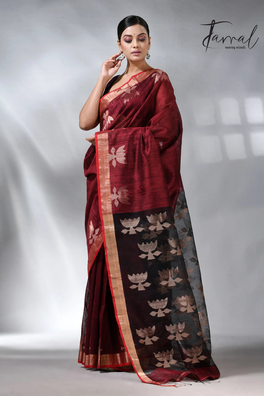Marron with border lotus matka silk handwoven jamdani saree