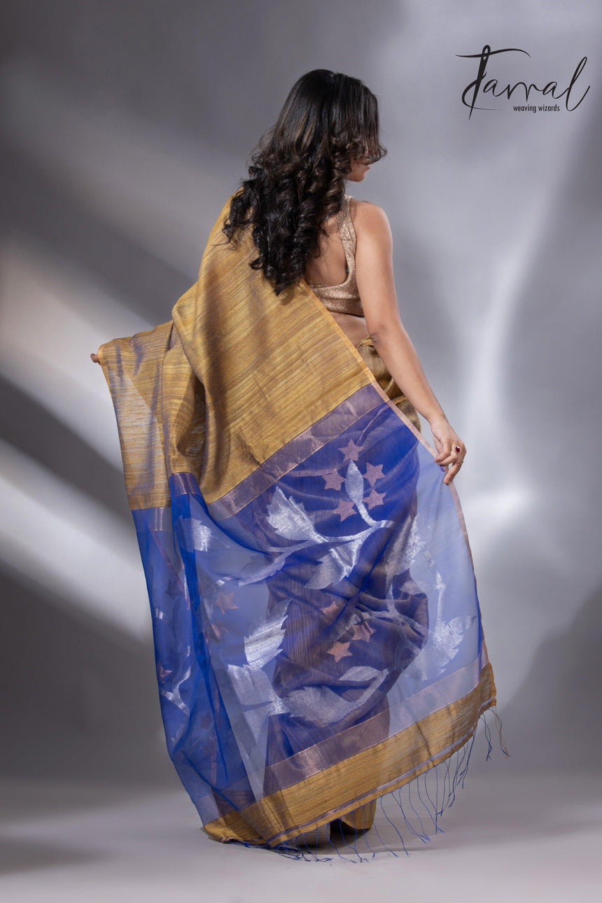 Matka Silk Handwoven Jamdani Saree with Blue Pallu back