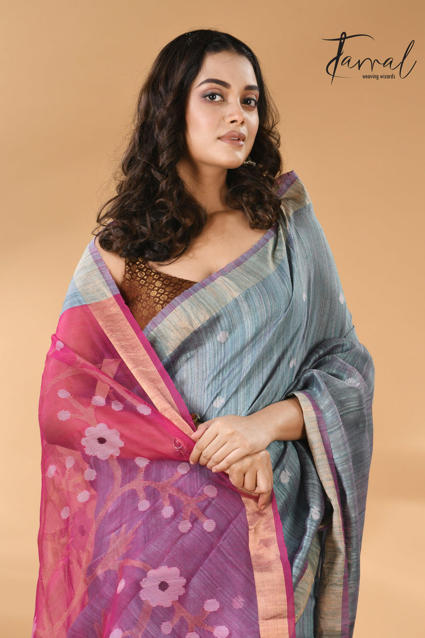 Matka Silk Handwoven needlework Jamdani Blue with Rani Pallu cls