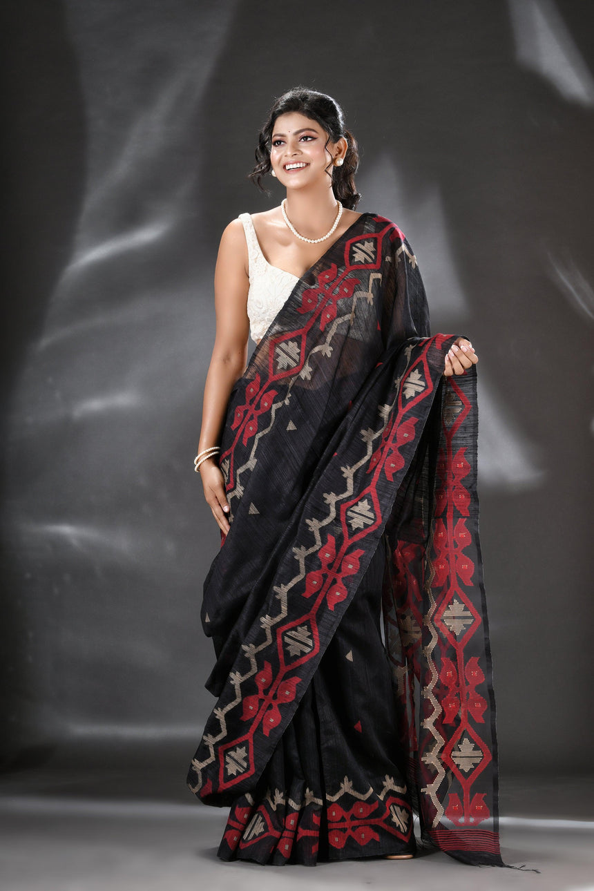 BLACK WITH RED & GOLDEN ZARI MATKA SILK TRADITIONAL HANDWOVEN JAMDANI SAREE - Tamal Boutique