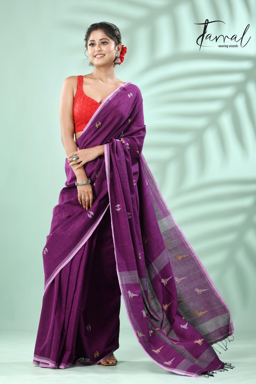 Meganta with white border pure cotton handwoven jamdani saree