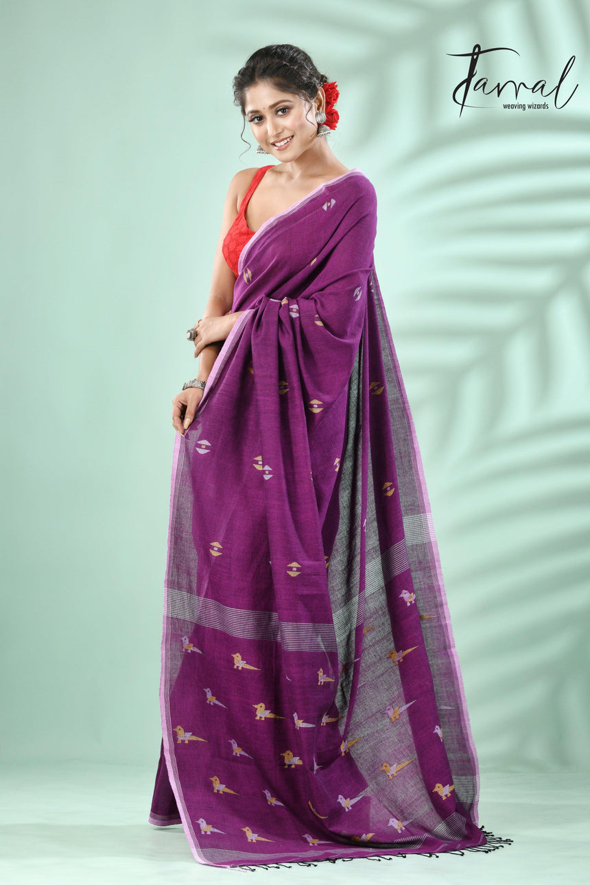 Meganta with white border pure cotton handwoven jamdani saree