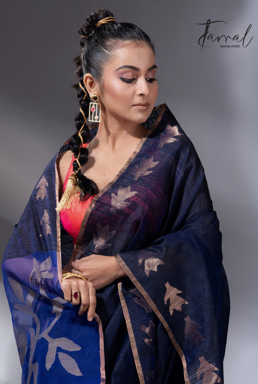Midnight Blue Matka Silk Handwoven Jamdani Saree full2