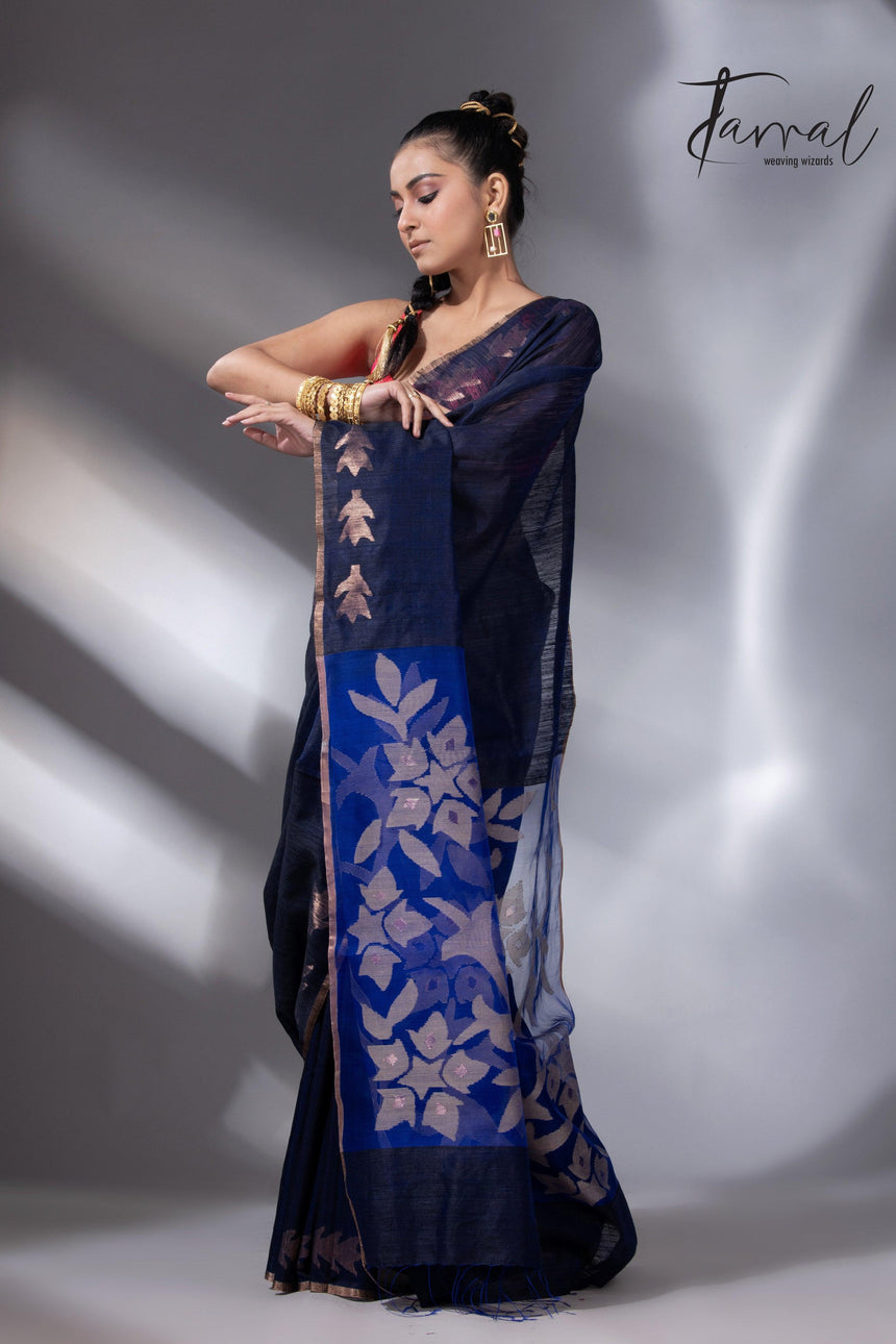 Midnight Blue Matka Silk Handwoven Jamdani Saree full6
