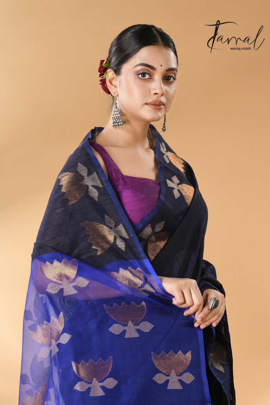 Midnight blue with royal blue gold lotus handwoven matka silk jamdani saree - Tamal Boutique