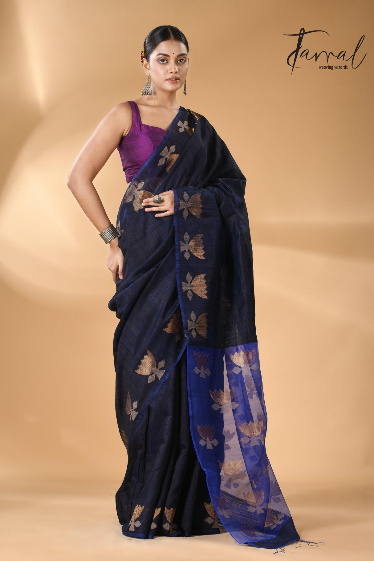 Midnight blue with royal blue gold lotus handwoven matka silk jamdani saree - Tamal Boutique