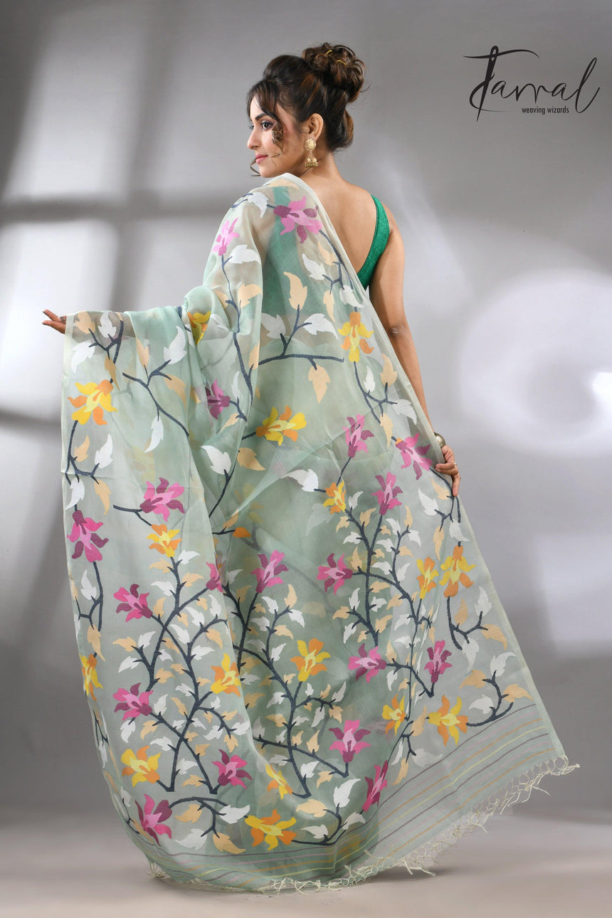 Mint Green_Jamdani_Saree_with_Multicolor_Back