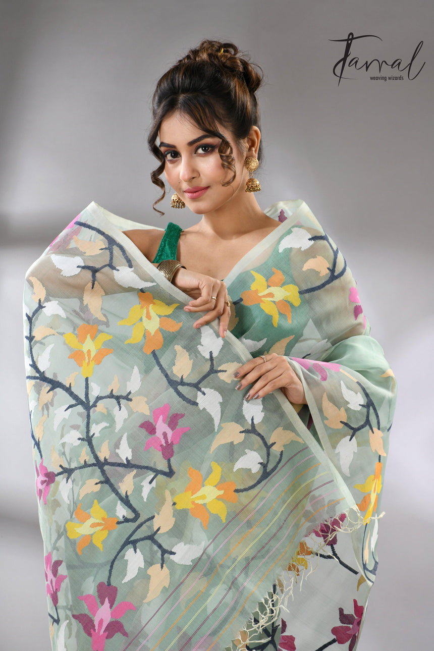 Mint Green_Jamdani_Saree_with_Multicolor_Close_up