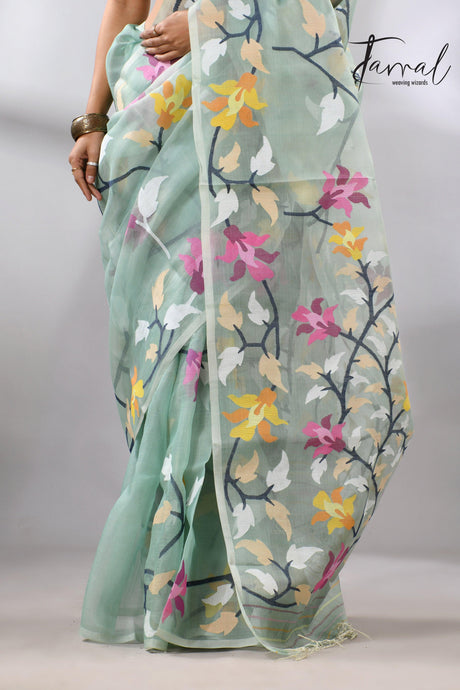 Mint Green_Jamdani_Saree_with_Multicolor_Close_up