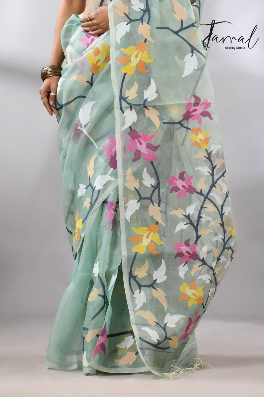 Mint Green_Jamdani_Saree_with_Multicolor_Close_up