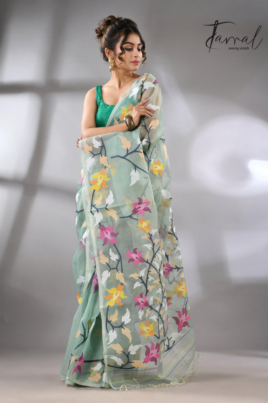 Mint Green_Jamdani_Saree_with_Multicolor_Left