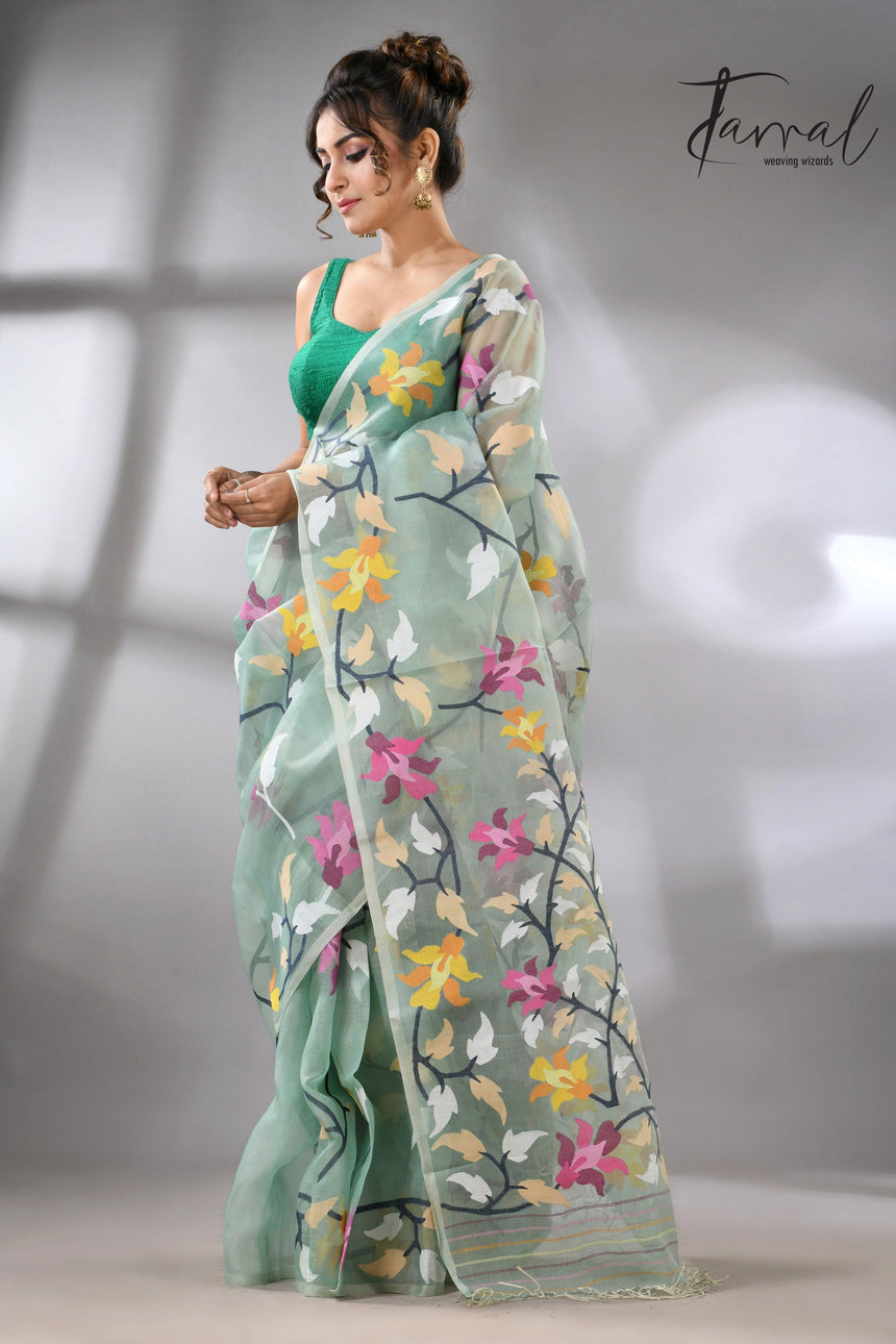 Mint Green_Jamdani_Saree_with_Multicolor_Right