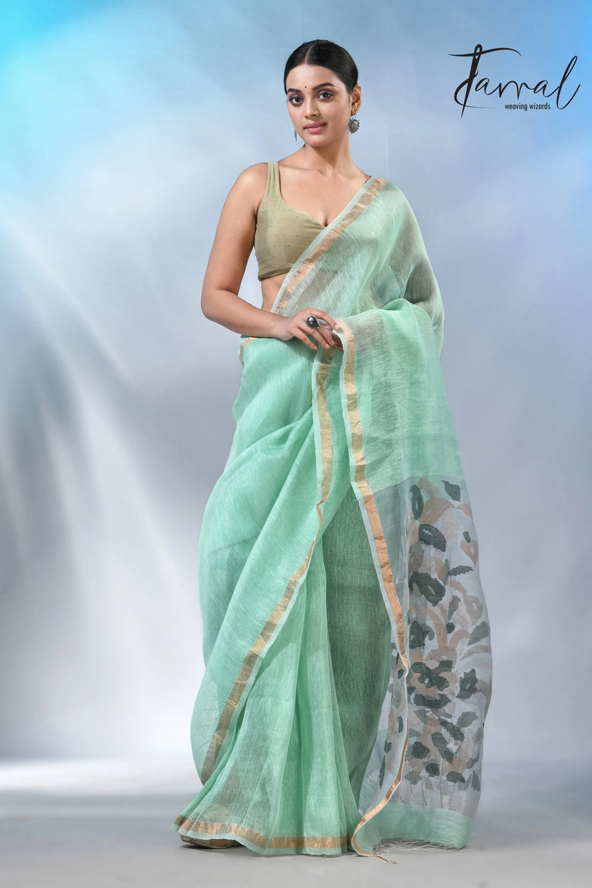 Mint green colour in the silk linen handwoven jamdani saree
