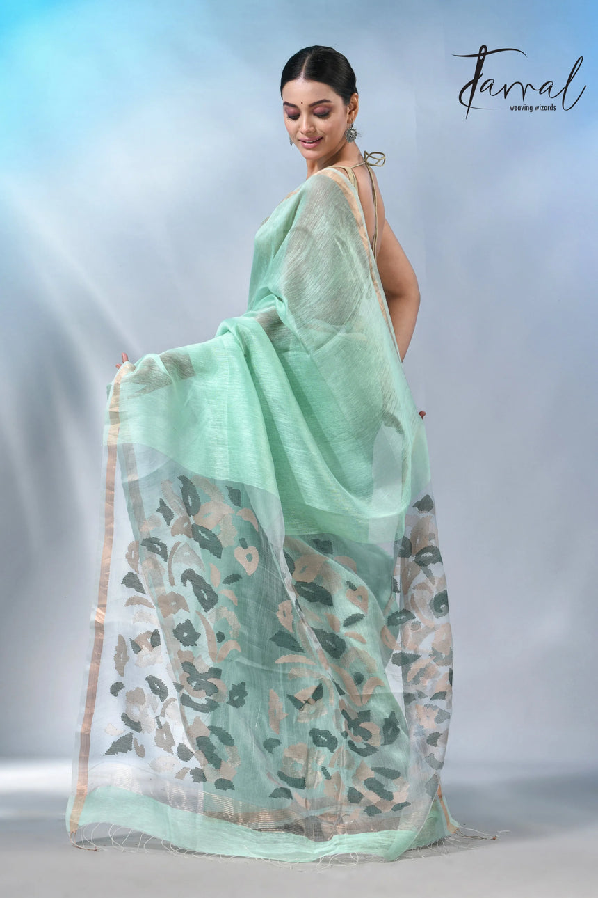 Mint green colour in the silk linen handwoven jamdani saree