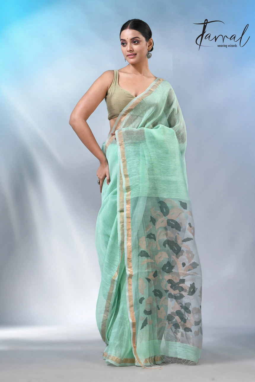 Mint green colour in the silk linen handwoven jamdani saree