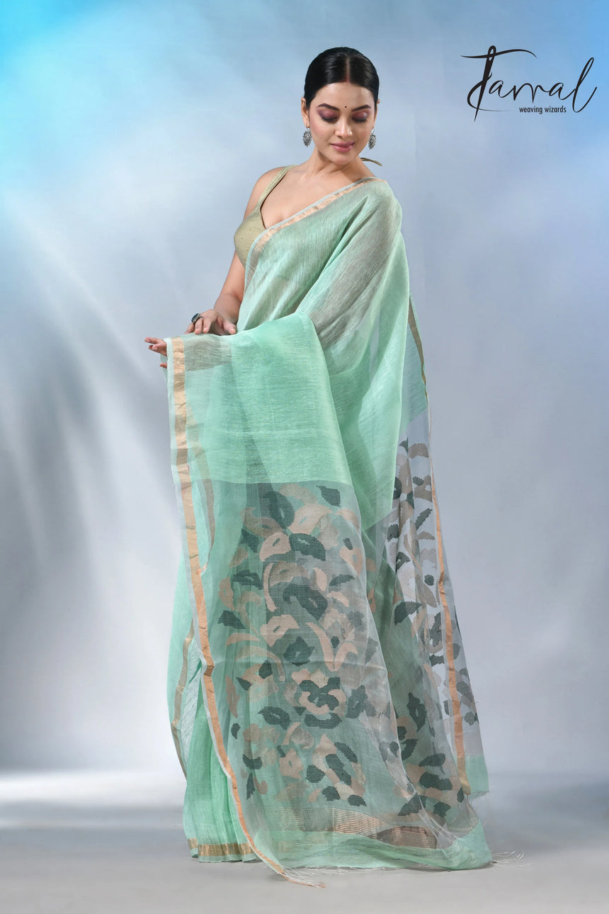 Mint green colour in the silk linen handwoven jamdani saree