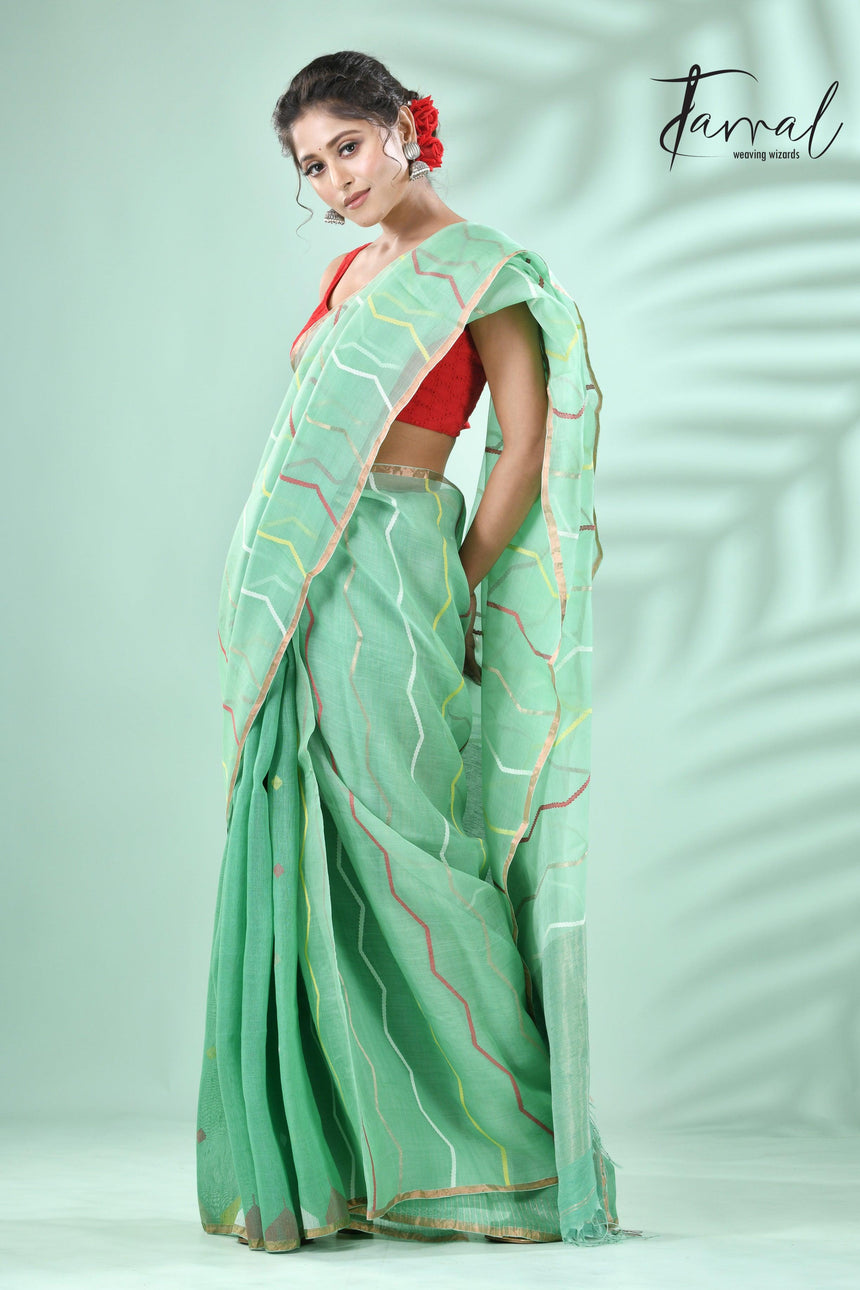 Mint green half silk & half linen handwoven jamdani saree - Tamal Boutique