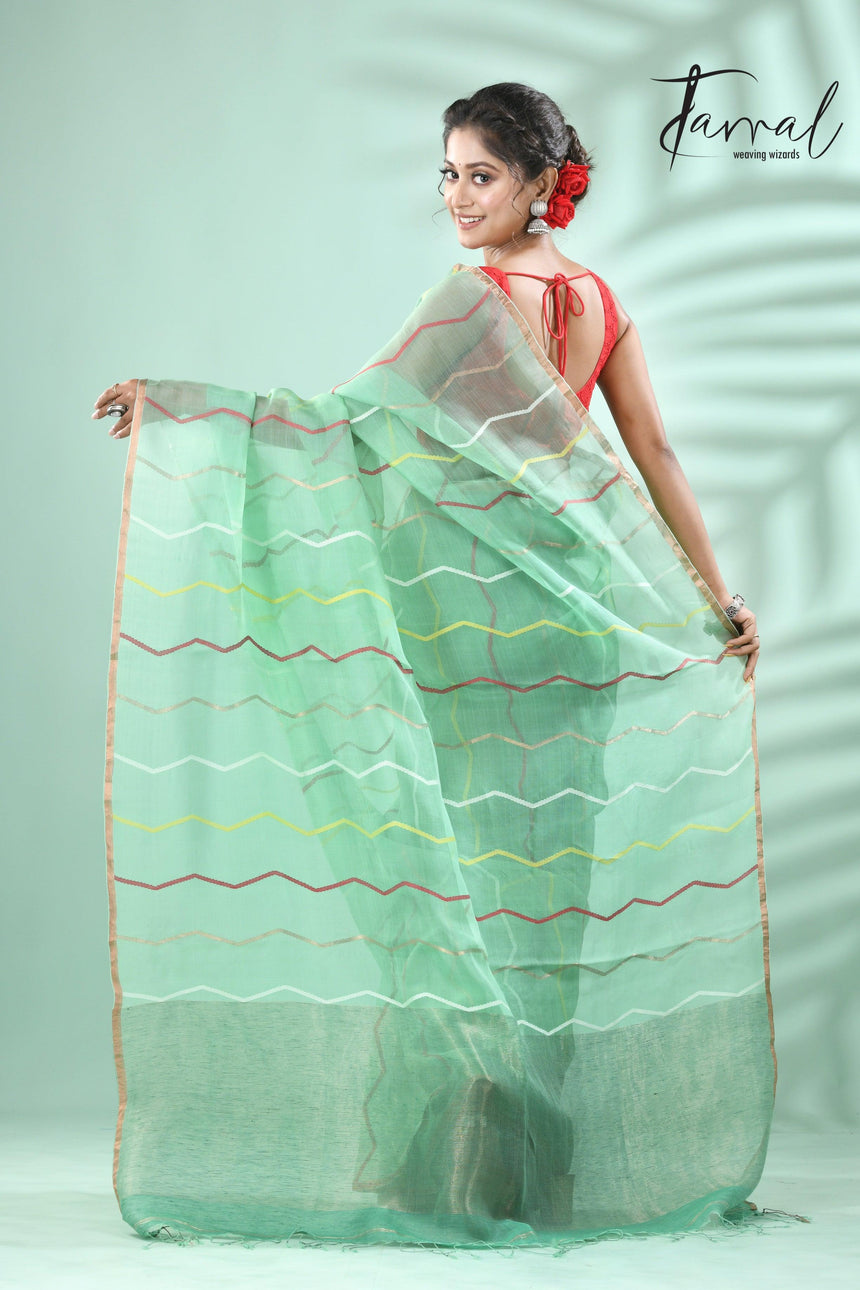 Mint green half silk & half linen handwoven jamdani saree - Tamal Boutique