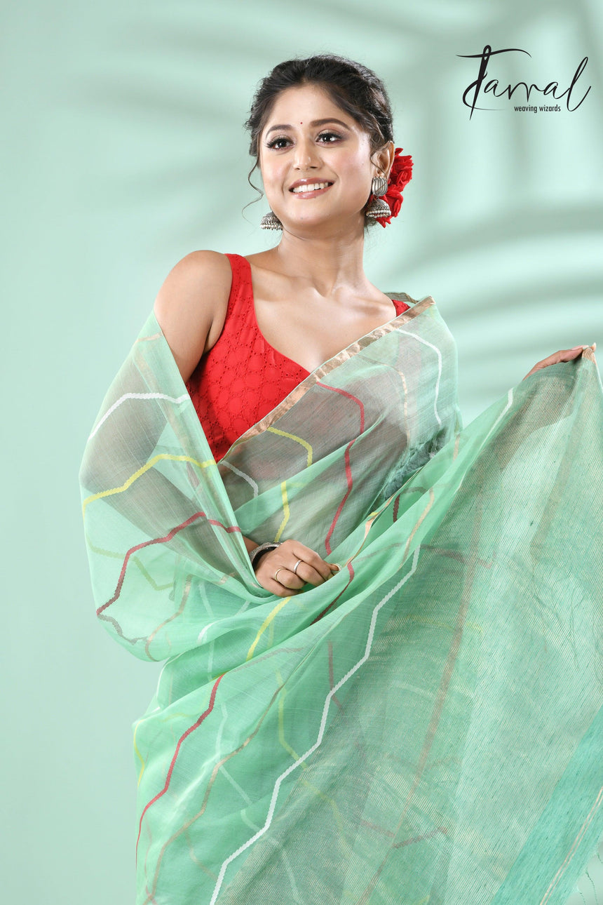 Mint green half silk & half linen handwoven jamdani saree - Tamal Boutique