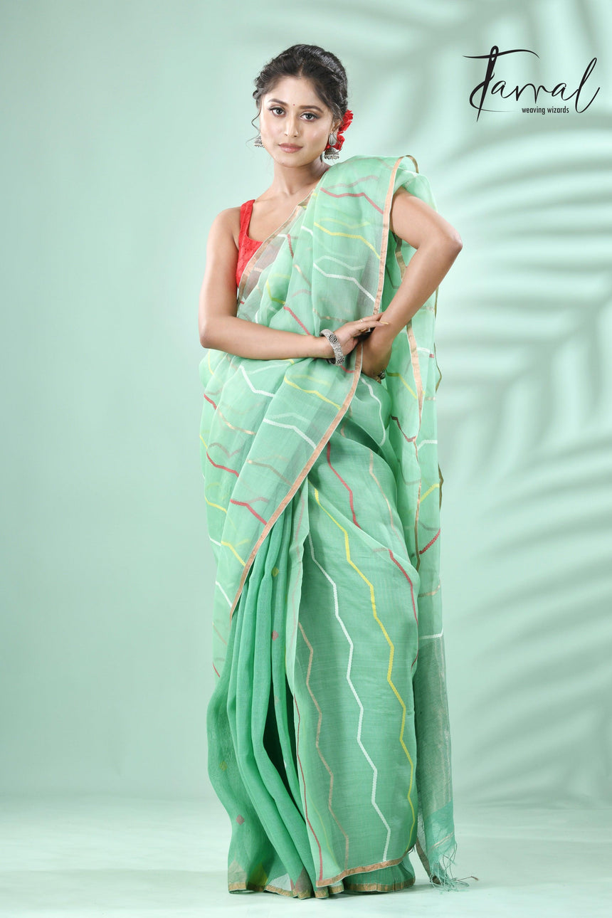 Mint green half silk & half linen handwoven jamdani saree - Tamal Boutique