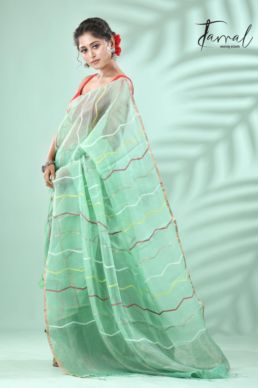Mint green half silk & half linen handwoven jamdani saree - Tamal Boutique