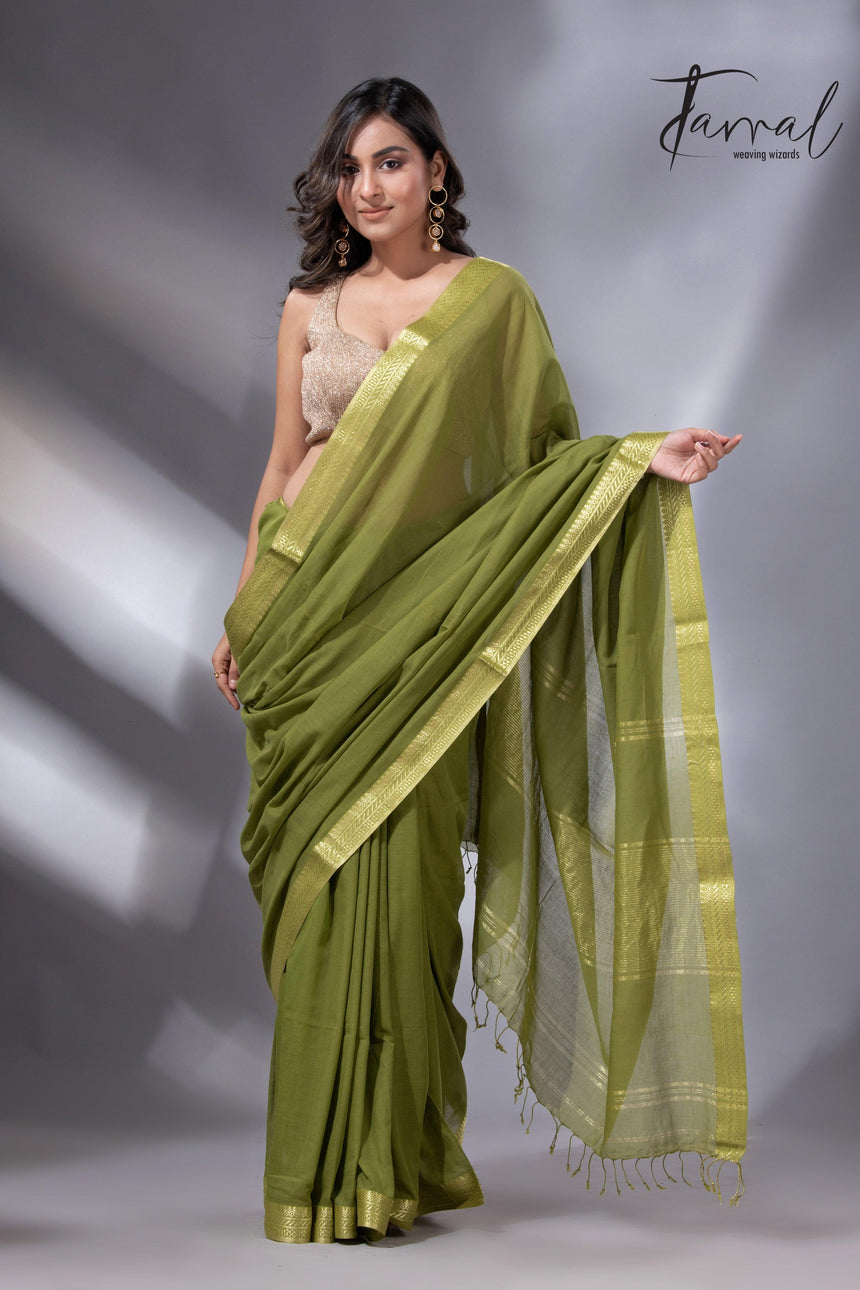 Mos green with golden zari Mangal Giri cotton handloom saree - Tamal Boutique