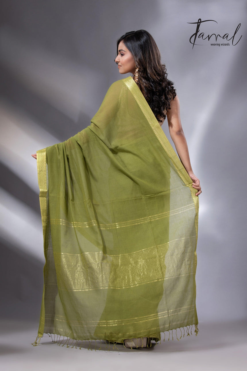 Mos green with golden zari Mangal Giri cotton handloom saree - Tamal Boutique