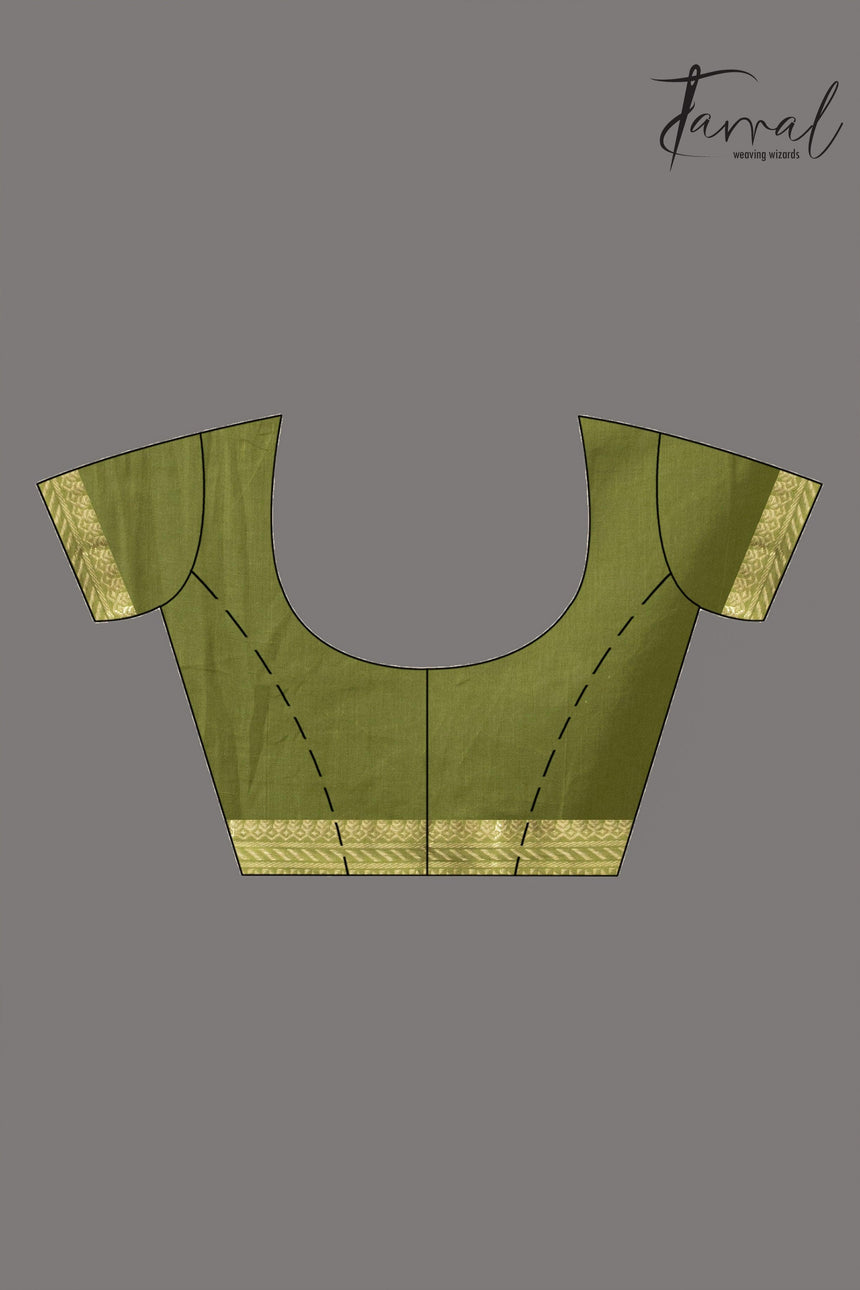 Mos green with golden zari Mangal Giri cotton handloom saree - Tamal Boutique