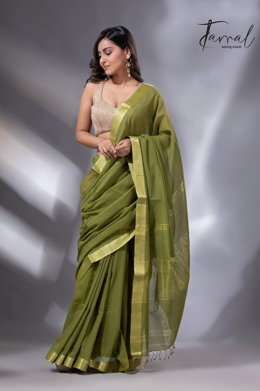 Mos green with golden zari Mangal Giri cotton handloom saree - Tamal Boutique