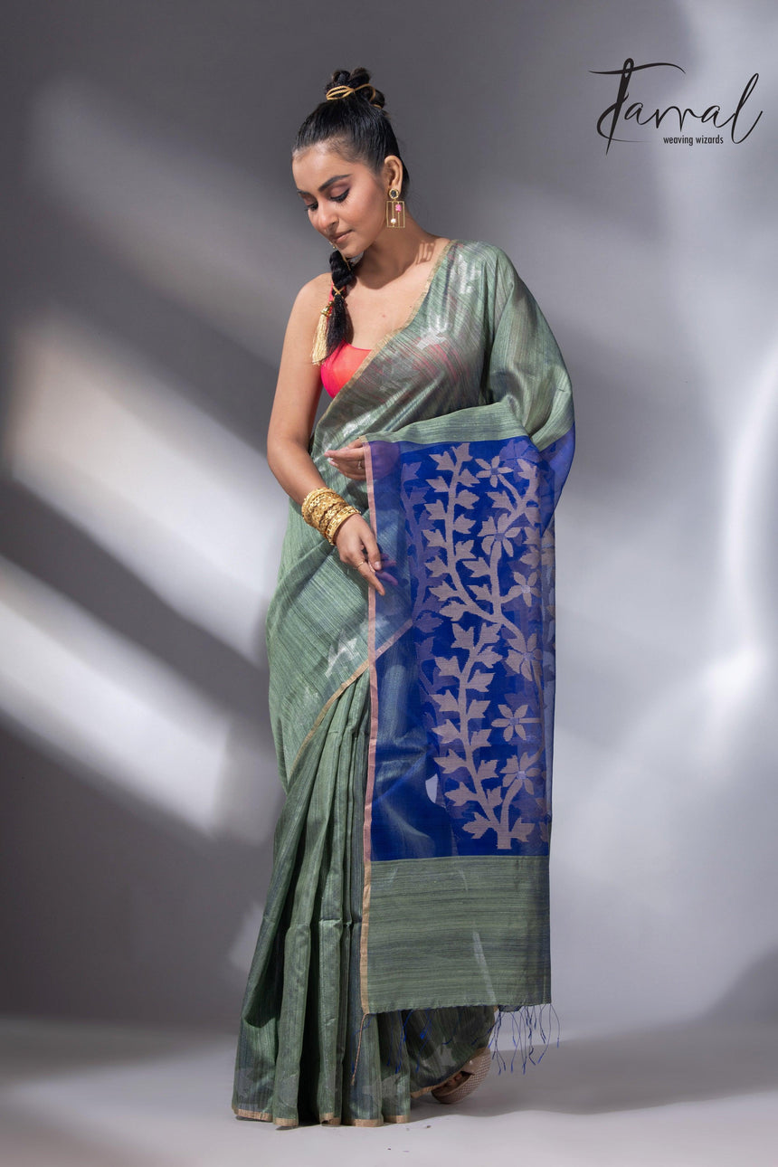 Mosh green dual tone matka silk floral handwoven jamdani saree