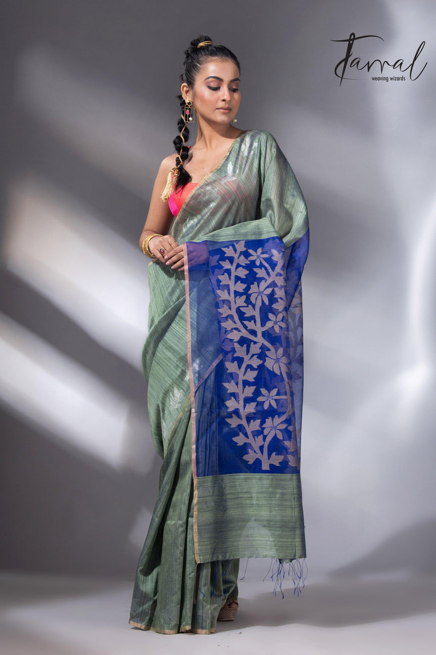 Mosh green dual tone matka silk floral handwoven jamdani saree2