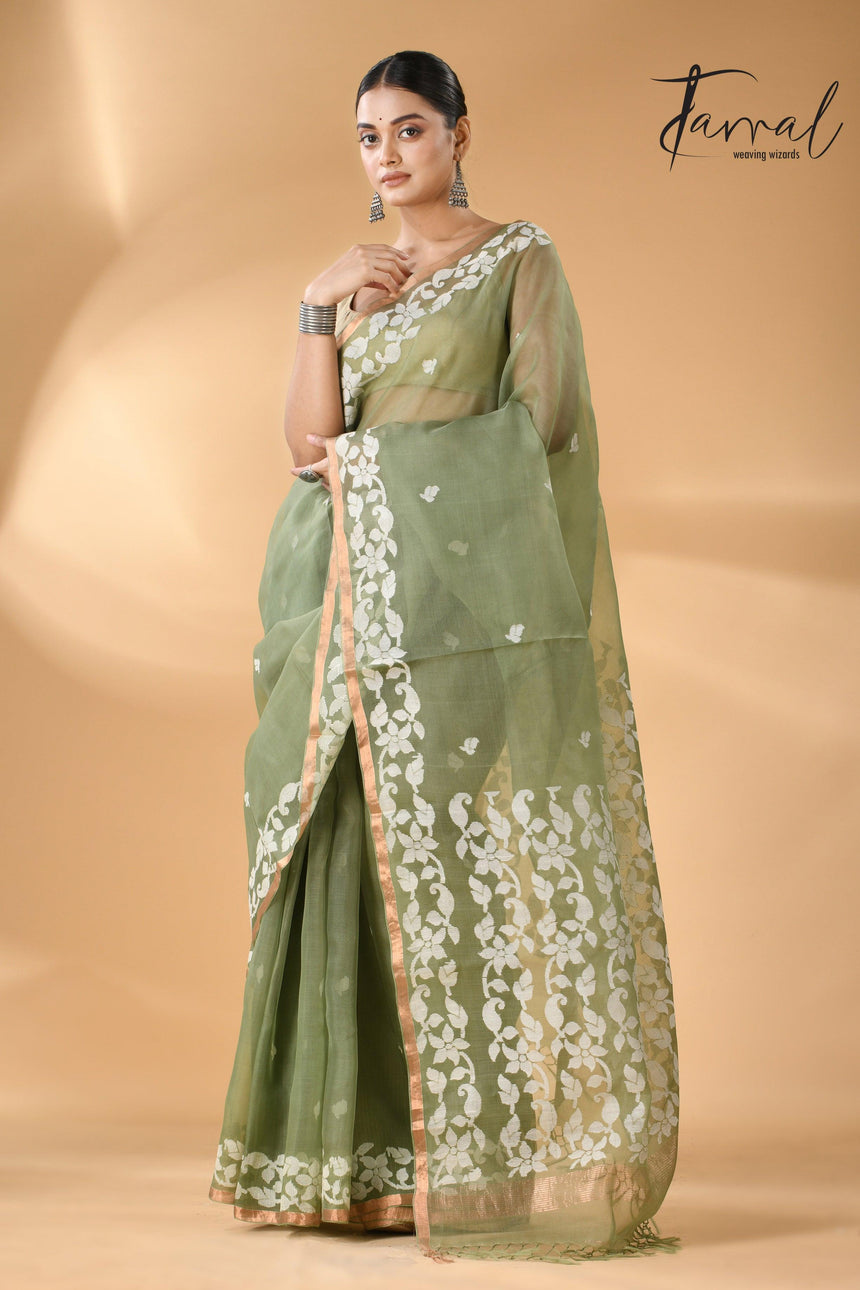 Moss Green Muslin Silk Handwoven Needle Work Jamdani Saree