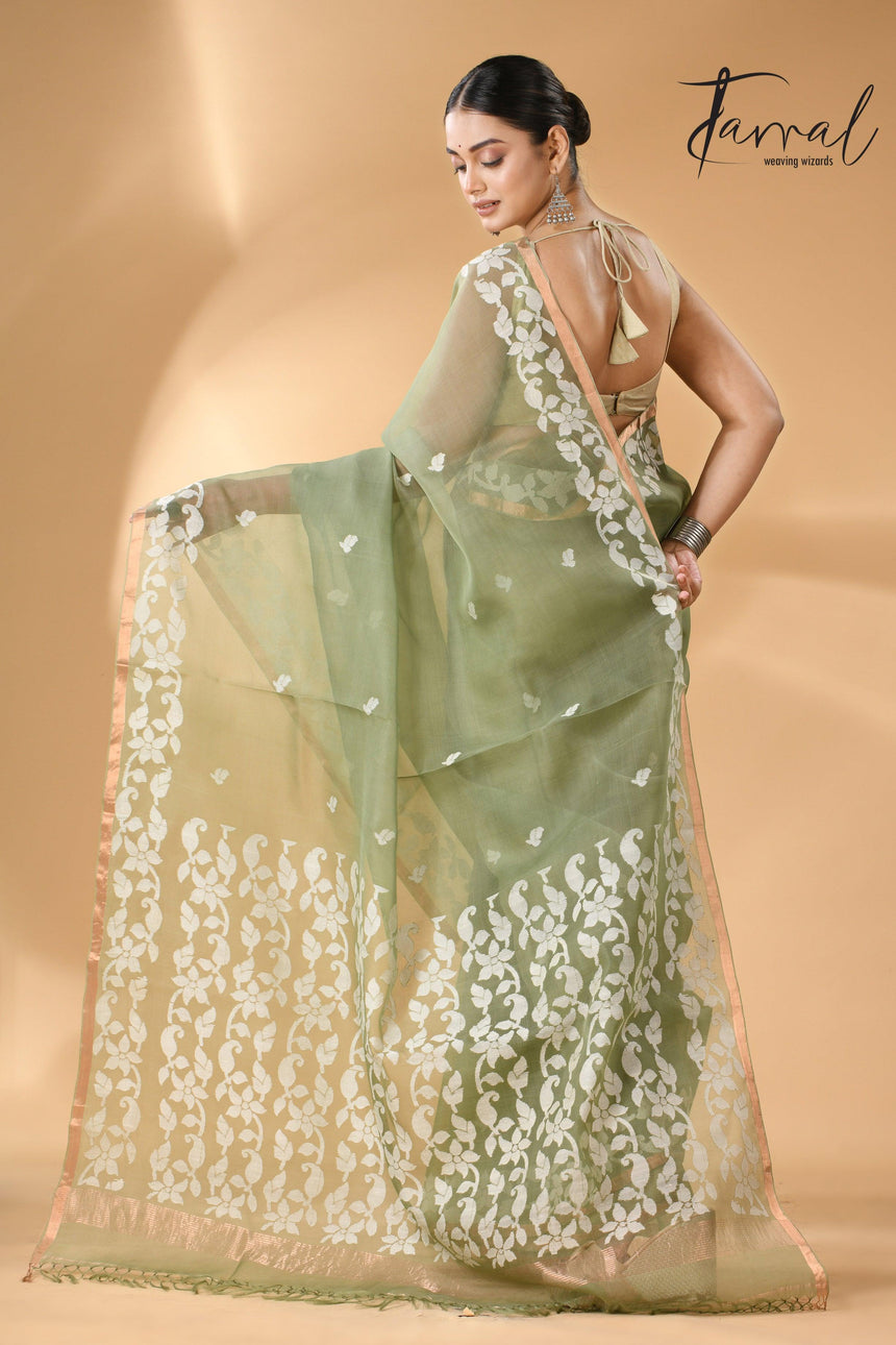 Moss Green Muslin Silk Handwoven Needle Work Jamdani Saree back