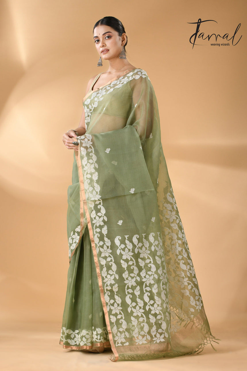 Moss Green Muslin Silk Handwoven Needle Work Jamdani Saree left