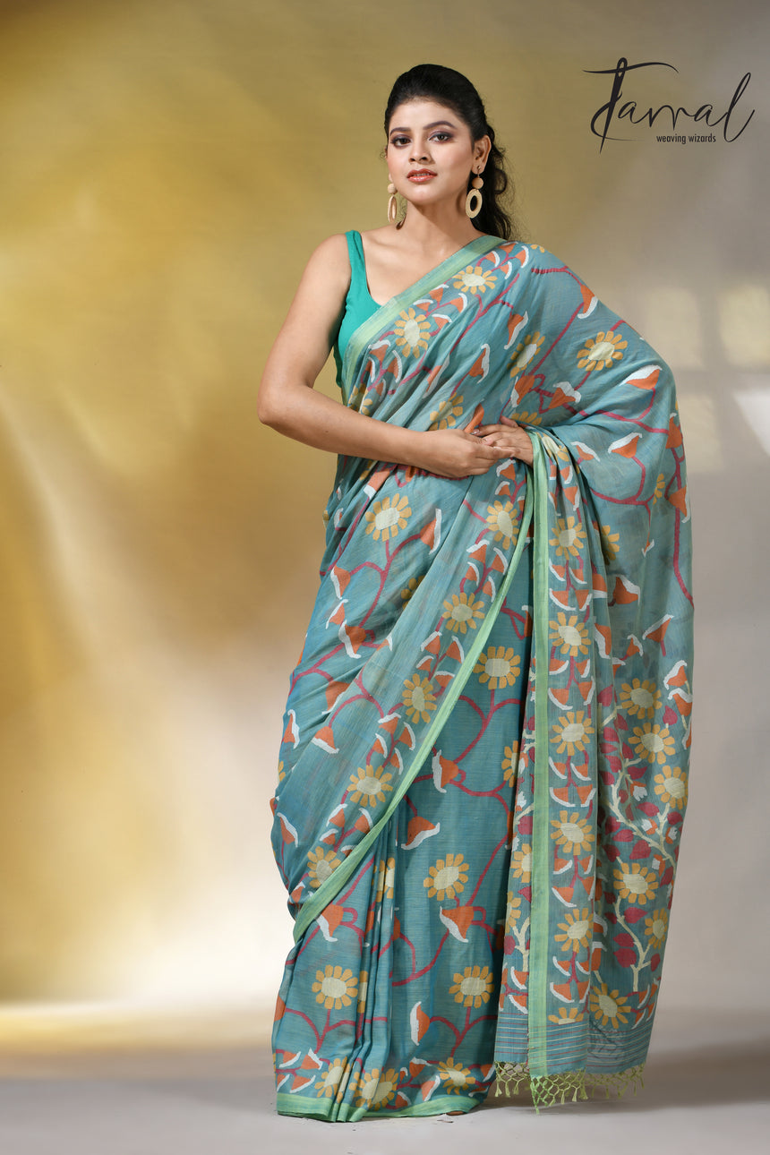 Moss green allover floral handwoven pure cotton jamdani saree