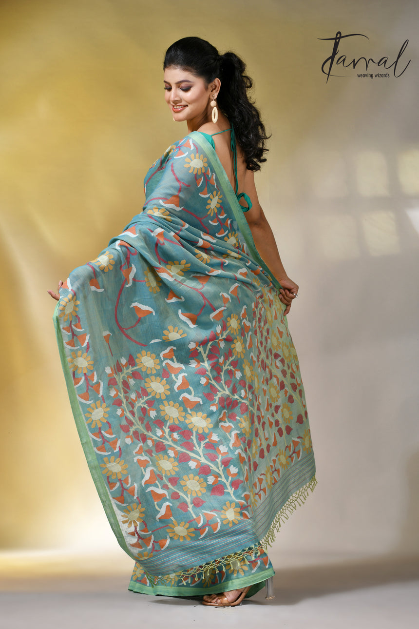 Moss green allover floral handwoven pure cotton jamdani saree