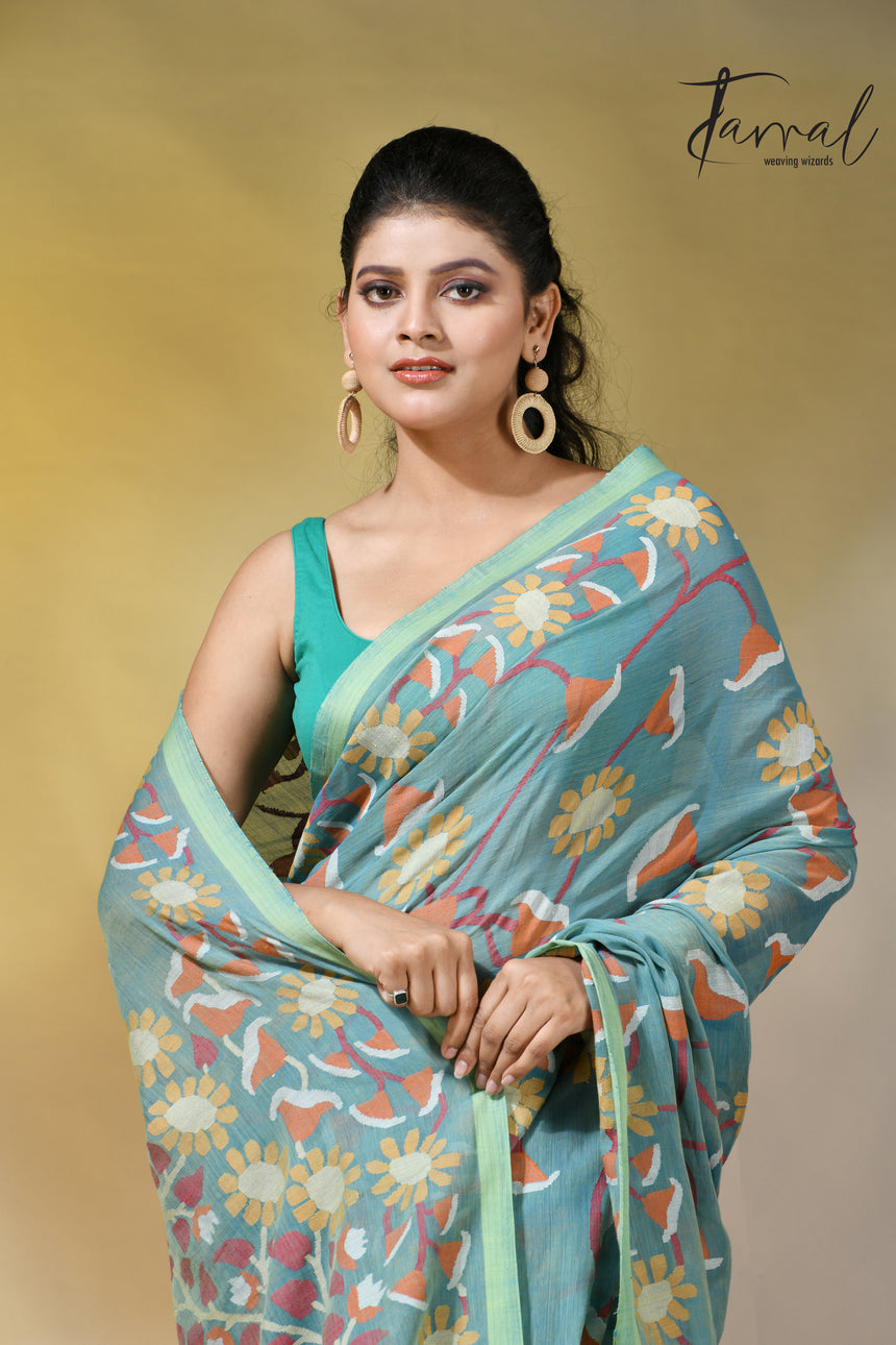 Moss green allover floral handwoven pure cotton jamdani saree